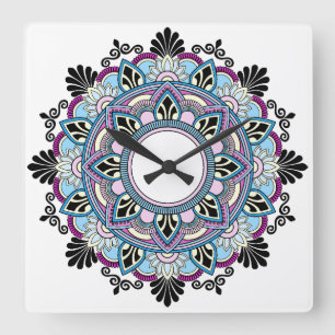 Mandala in pink & blue square wall clock