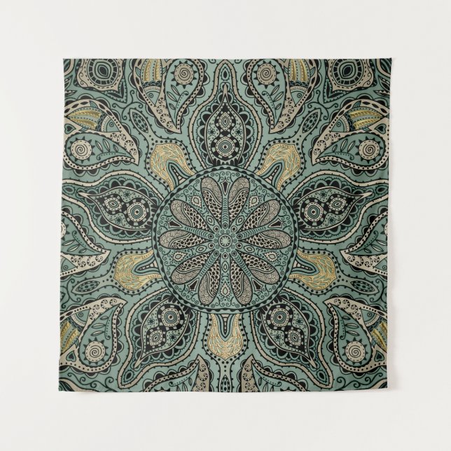Mandala indien foncé de tapisserie d'or vert de (Devant)