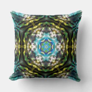 Mandala inside hexagon old green hammered metal    throw pillow