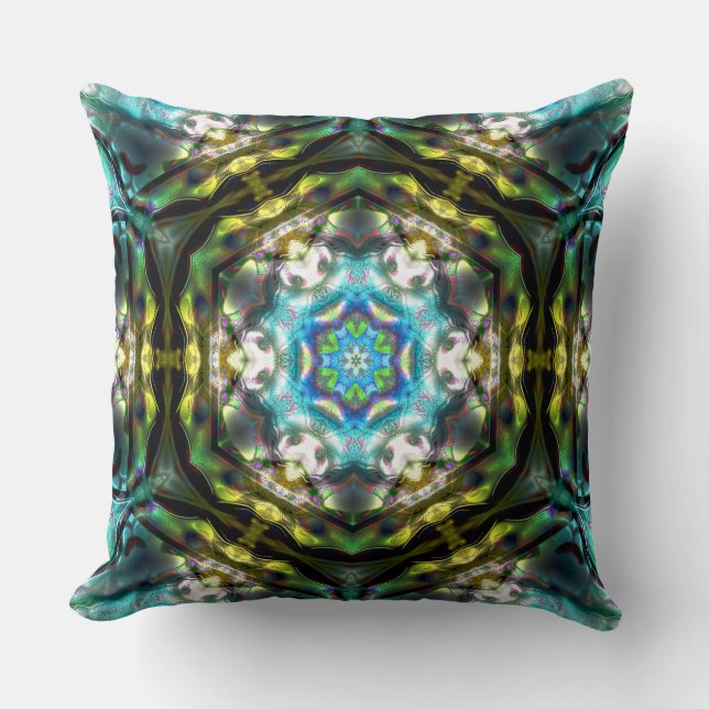 Mandala inside hexagon old green hammered metal    throw pillow (Front)