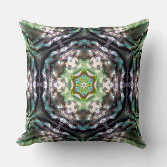 Mandala inside hexagon old silvery hammered metal throw pillow (Front)