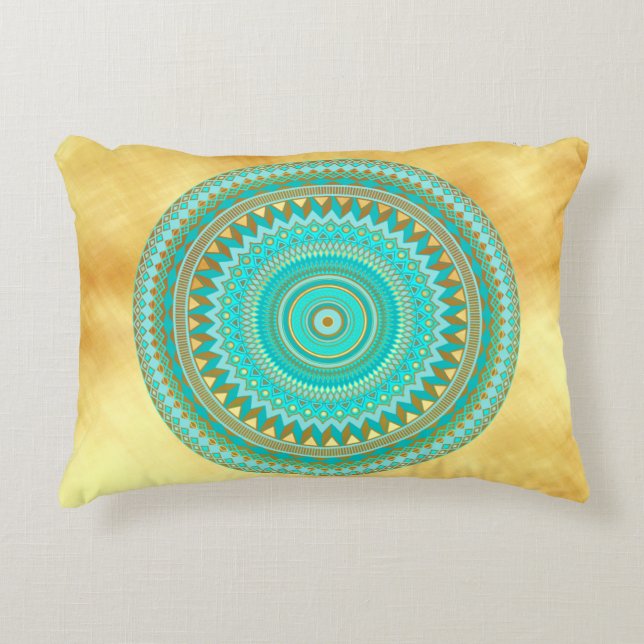 Mandala Iris Blue Brown Gold Accent Pillow (Front)