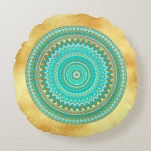 Mandala Iris Blue Brown Gold on Gold Backgrou Round Pillow