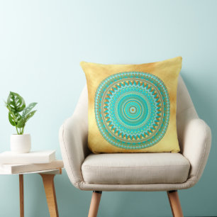 Mandala Iris blue brown gold on Soft Gold Bg Throw Pillow