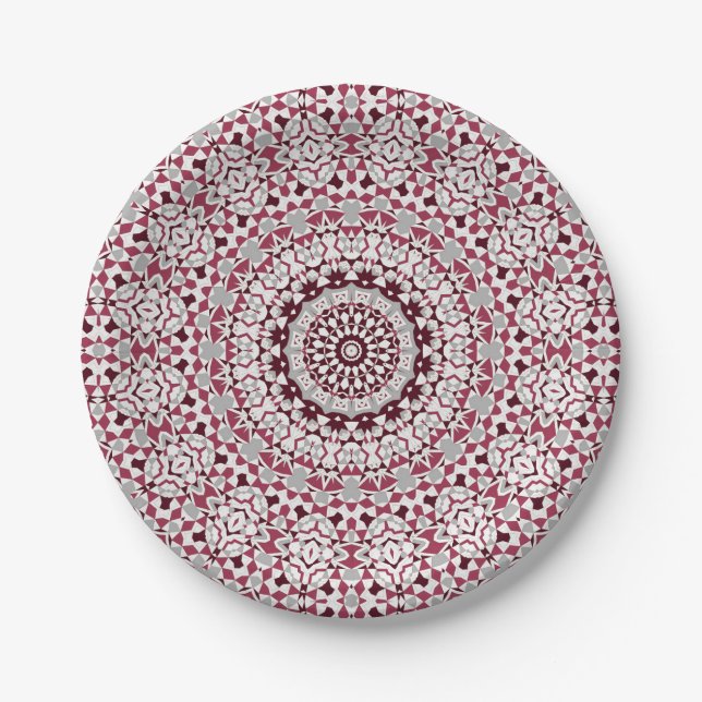 Mandala is burgundy-grey paper plate (Front)