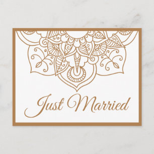 Mandala Just Married Brown Boho Indian Wedding Announcement Postcard