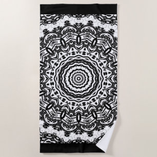 Mandala, kaleidoscope, black and white, ornament beach towel
