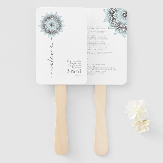 Mandala Lace Rev Wedding Welcome Lt. Blue ID968 Hand Fan (Front and Back)