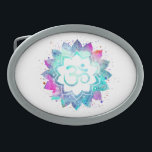 *~* Mandala Lotus OM  AUM Symbol Watercolor Belt Buckle<br><div class="desc">* An OM AUM Symbol Lotus Watercolor Mandala on a white background oval shape belt buckle. The mandala colours are turquoise, purples blues and pinks* Note: You can customize the text. Here for you is a strikingly beautiful new age metaphysically spiritually inclined eye-catching design likely to inspire meditation and calm...</div>