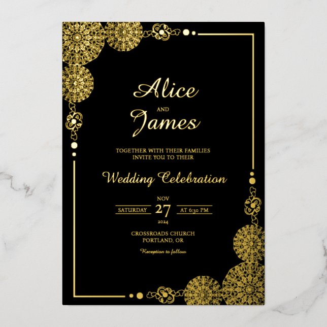 Mandala Luxury Black Gold Foil Wedding Invitation (Front)