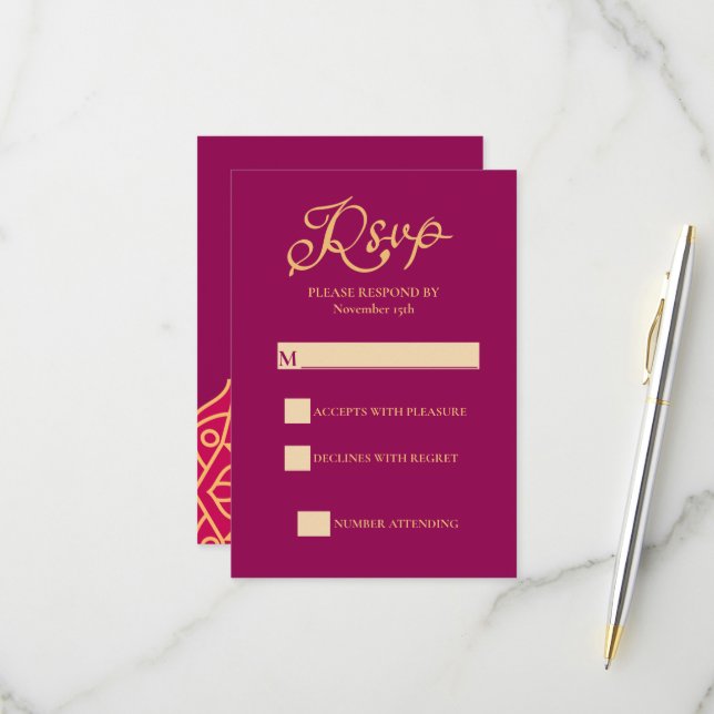 Mandala Magenta Gold Indian Wedding RSVP Card (Front/Back In Situ)