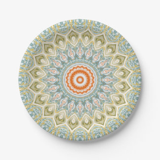Mandala Medallion in Green, Blue and Orange Paper Plate