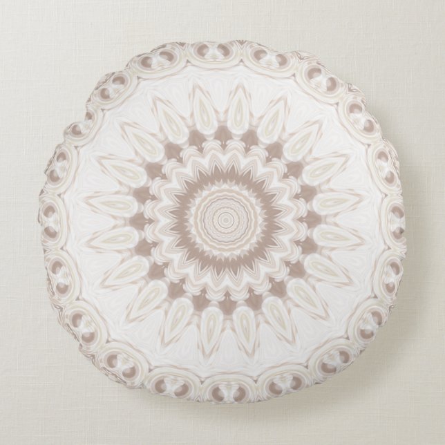 Mandala Medallion in Soft Beige and White Round Pillow (Front)