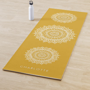 Mandala Meditation Golden Yellow Custom Name  Yoga Mat