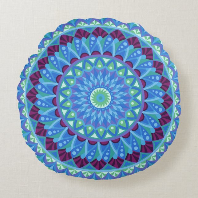 Mandala Midnight Dreams Blue Boho Zen Round Pillow (Front)