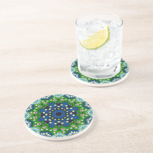 Mandala Mosaic Geometric Green Blue Retro Hippie Coaster