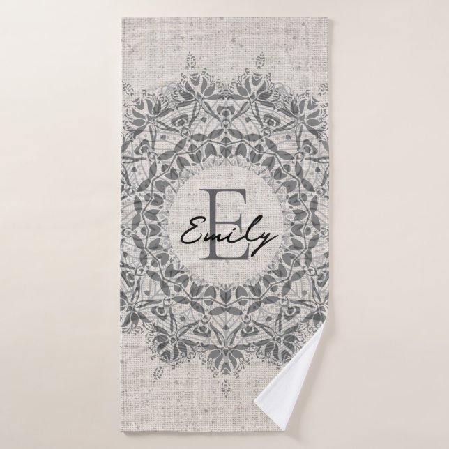 Mandala Name Monogram Monochrome Light Grey Bath Towel (Bath Towel)
