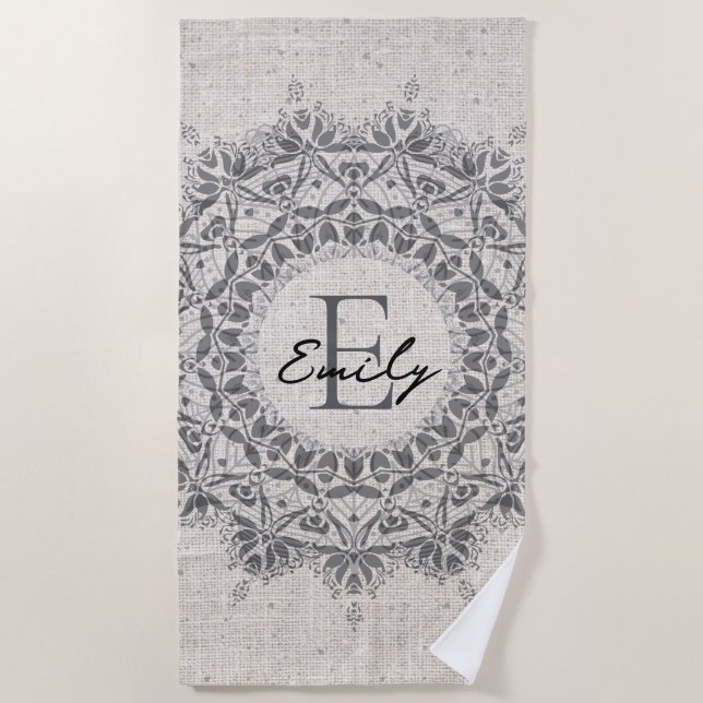 Mandala Name Monogram Monochrome Light Grey Beach Towel (Front)