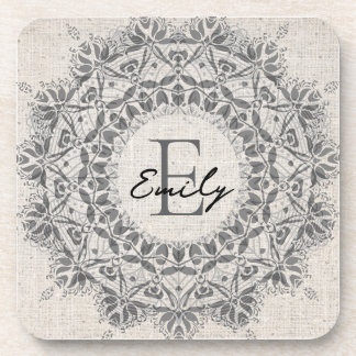 Mandala Name Monogram Monochrome Light Grey Coaster