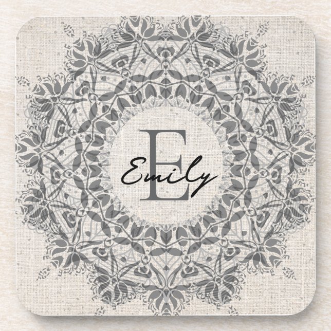 Mandala Name Monogram Monochrome Light Grey Coaster (Front)