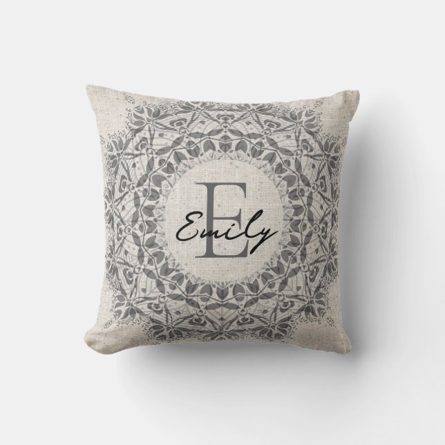 Mandala Name Monogram Monochrome Light Grey Throw Pillow (Front)