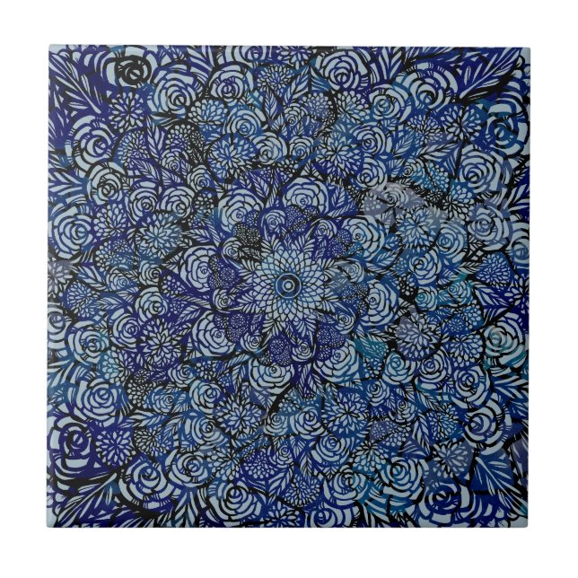 Mandala Nature Floral Bold Blue Floral Geometry  Tile (Front)