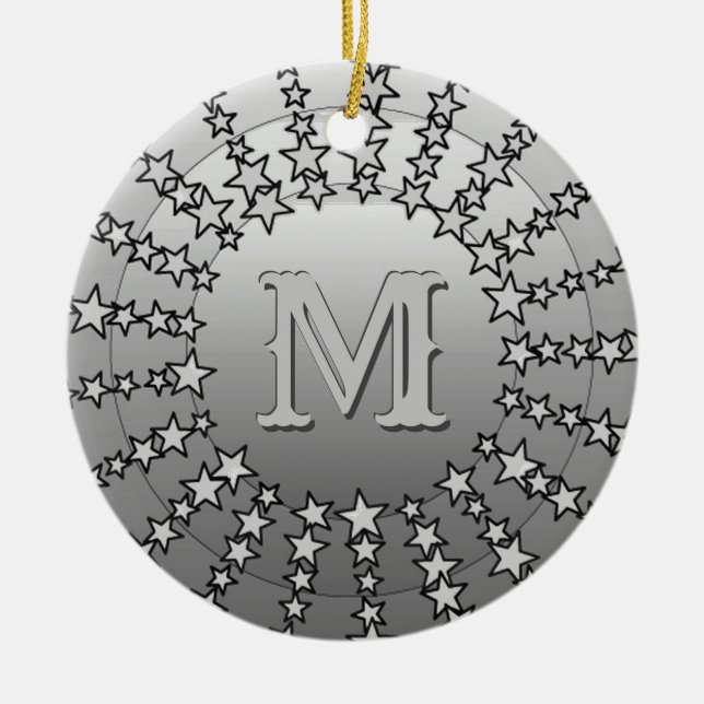 Mandala of Stars, Silver Grey Satin Gradient Ceramic Ornament (Front)