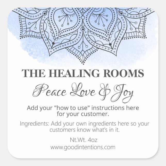 Mandala On Blue Watercolor Natural Therapy Labels (Front)