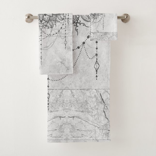 Mandala on Silver Marble  Bath Towel Set (Insitu)