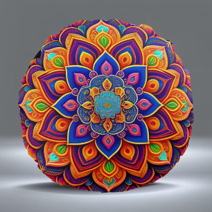 Mandala Orange Blue Abstract Illustration Round Pillow