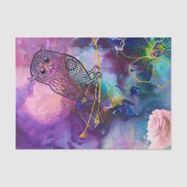 Mandala owl faux golden branch on purple teal pink tissue paper (Front)