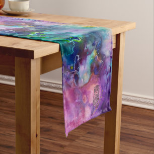 Mandala owl with golden flower and colourful fluid short table runner