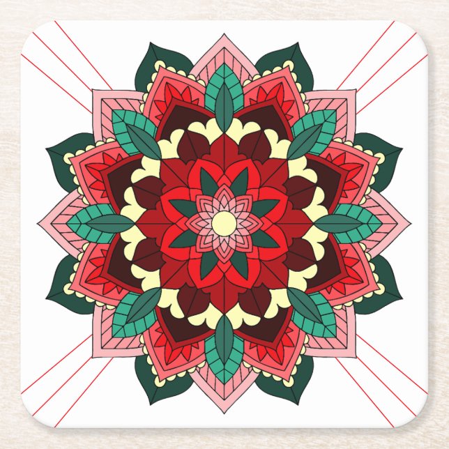 Mandala Pattern 02 in red Square Paper Coaster (Front)