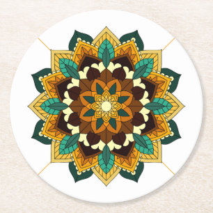 Mandala Pattern 02 in yellow & tan Round Paper Coa Coaster