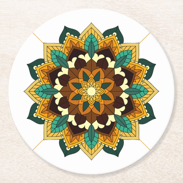 Mandala Pattern 02 in yellow & tan Round Paper Coa Coaster (Front)