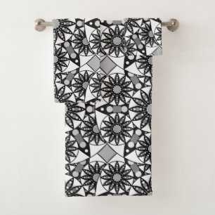 Mandala pattern, Black, White and Grey  Bath Towel