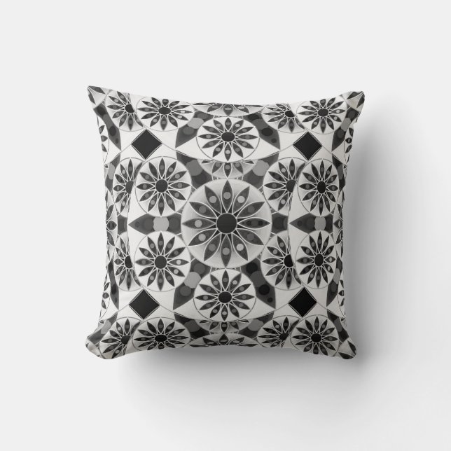 Mandala pattern , black, white and grey / grey throw pillow (Front)
