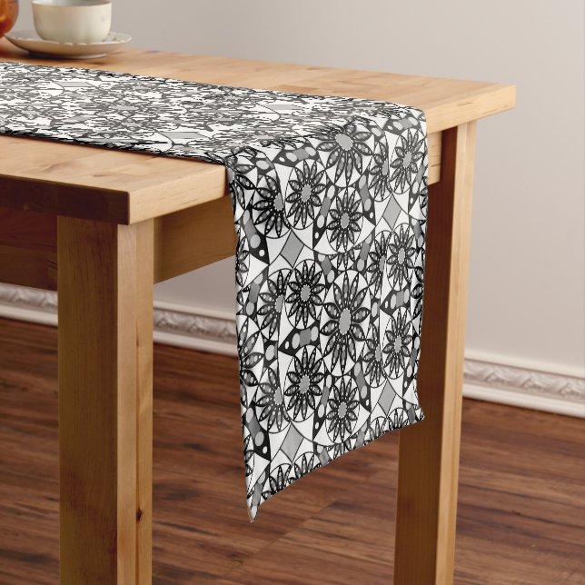 Mandala pattern, Black, White and Grey  Short Table Runner (In Situ)