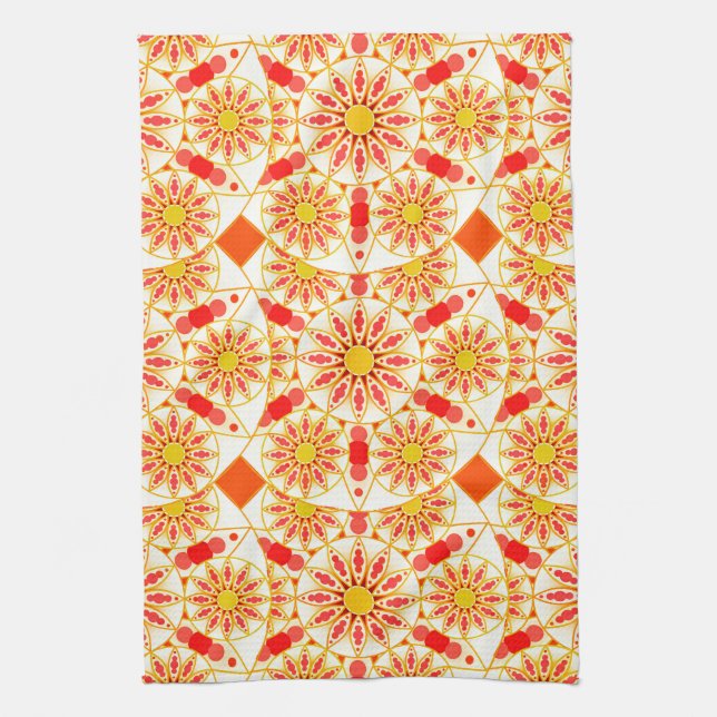 Mandala Pattern, Brick Red, Rust, Gold Kitchen Towel (Vertical)