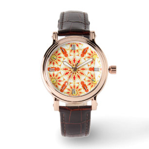 Mandala pattern, brick red, rust, gold watch