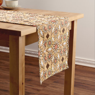Mandala Pattern, Caramel Tan, Chocolate Brown Short Table Runner