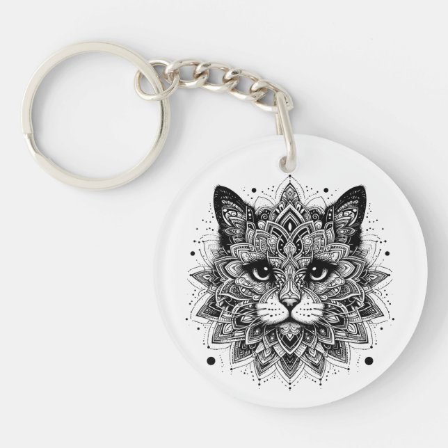 Mandala Pattern Cat Design Keychain (Front)