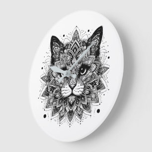 Mandala Pattern Cat Design Large Clock