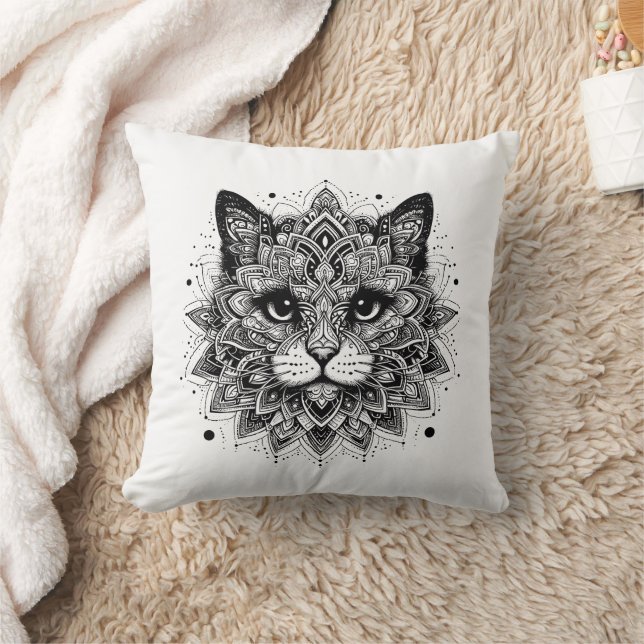 Mandala Pattern Cat Design Throw Pillow (Blanket)