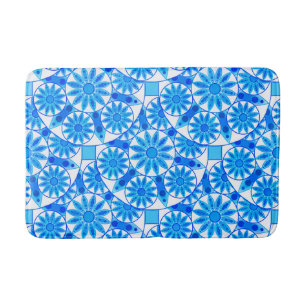Mandala pattern, cobalt blue, turquoise and white bath mat