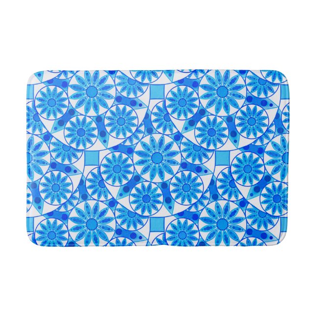 Mandala pattern, cobalt blue, turquoise and white bath mat (Front)
