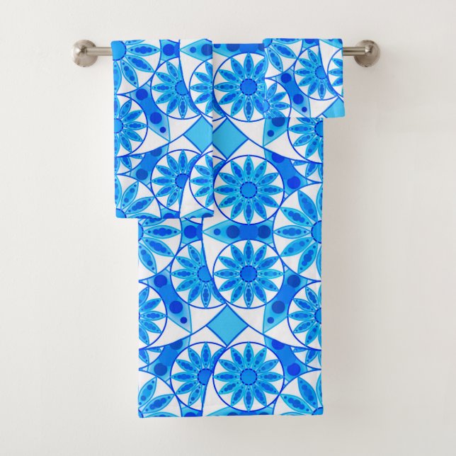 Mandala Pattern, Cobalt Blue, Turquoise and White Bath Towel Set (Insitu)