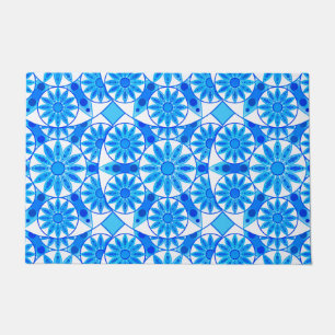 Mandala pattern, cobalt blue, turquoise and white doormat