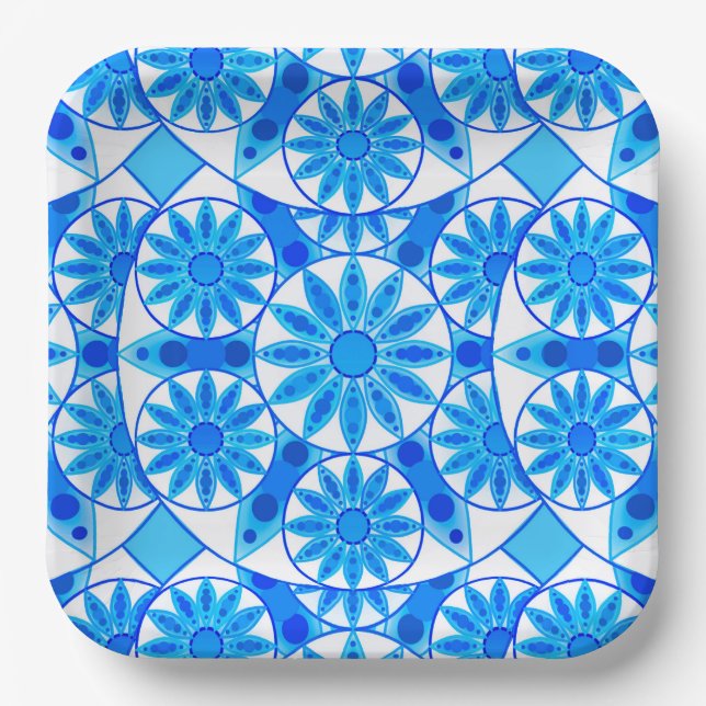 Mandala pattern, cobalt blue, turquoise and white paper plate (Front)