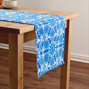 Mandala Pattern, Cobalt Blue, Turquoise and White Short Table Runner
